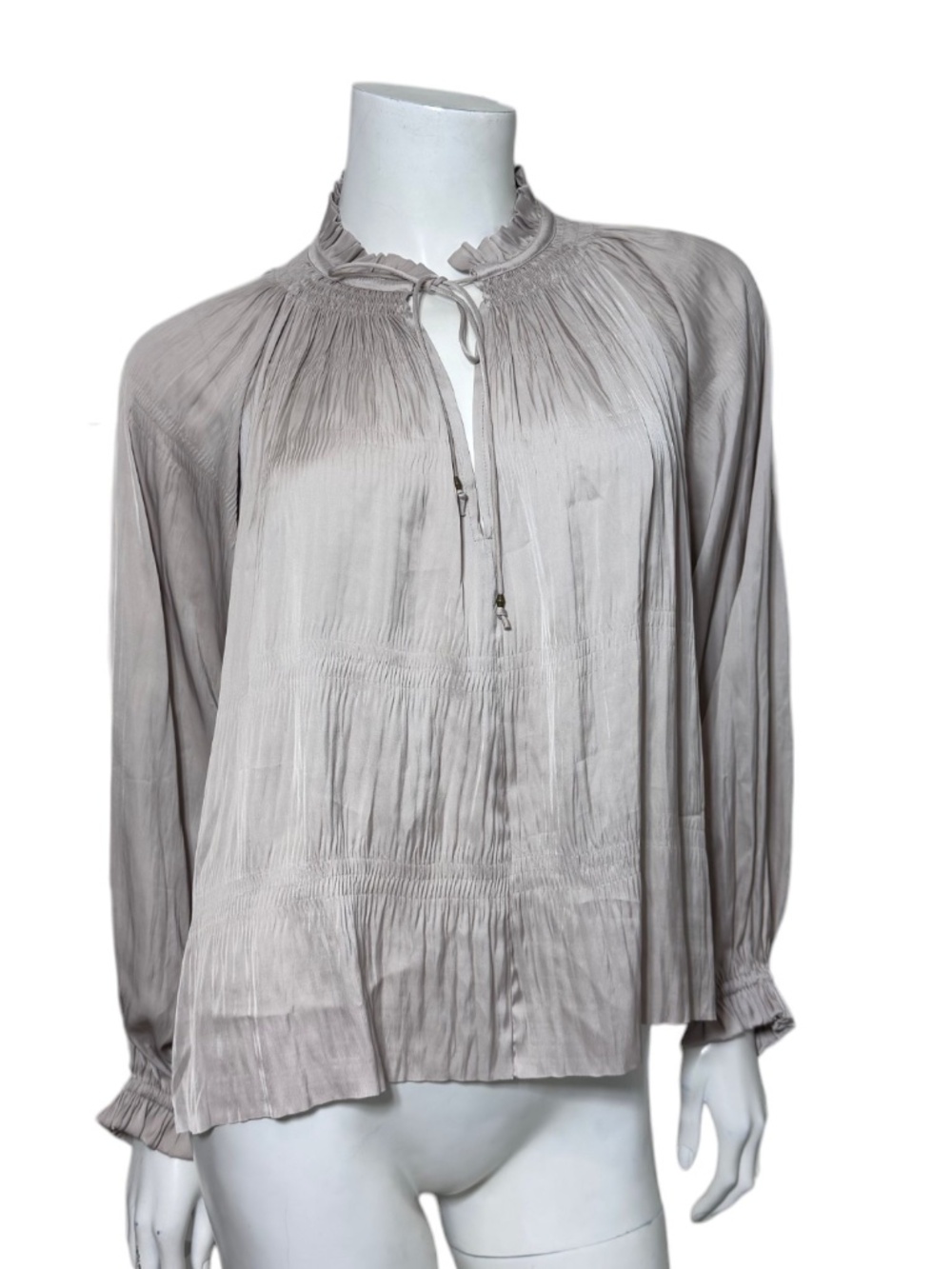 Ulla Johnson Rosamund Satin Ruffle Neck Blouse Taupe Grey Sz 2